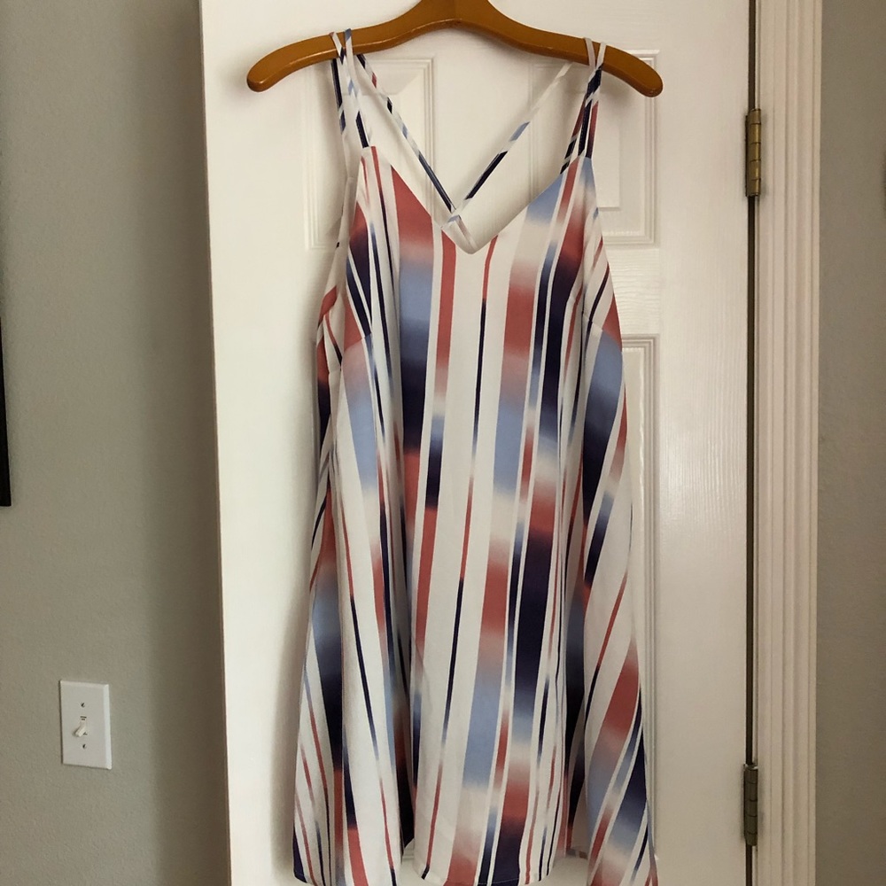 Coral, white and navy blue striped dress